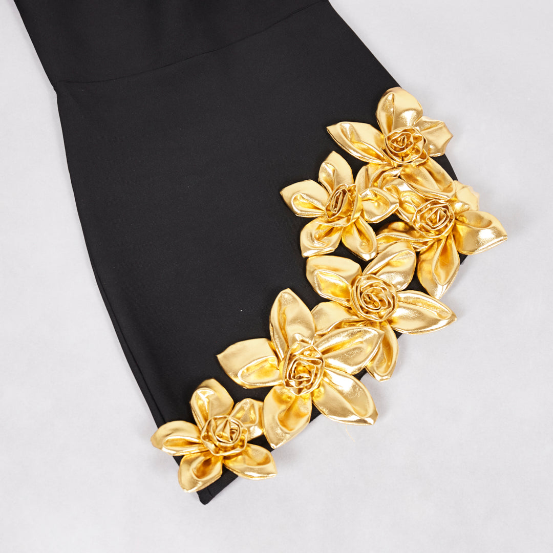 Long Sleeve Floral Hem Dress Black Gold HV2620