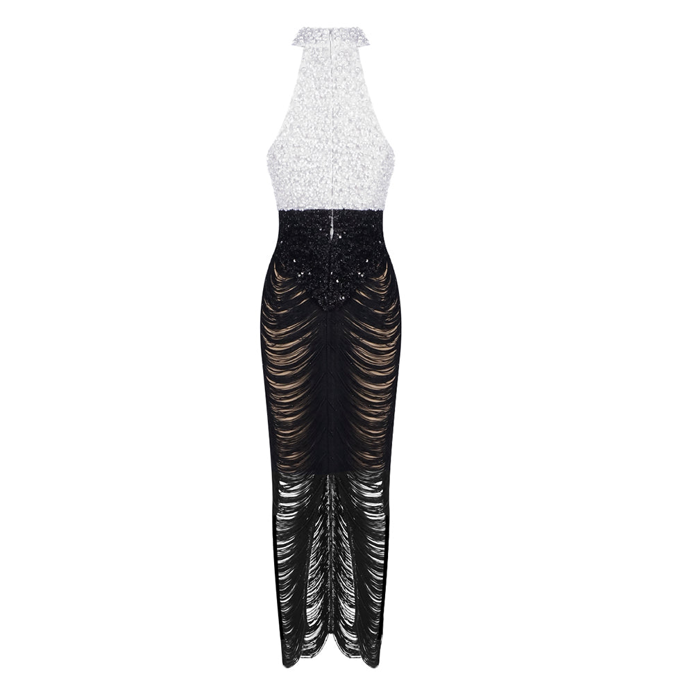 Pearl Sequin Tassel Maxi Dress White Black HV2129