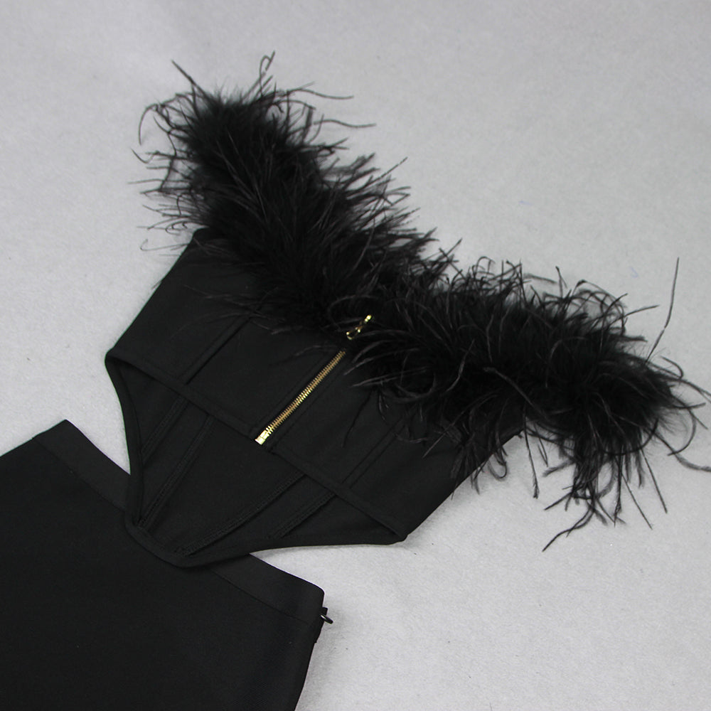 Feather Off Shoulder Mermaid Maxi Dress Black HV9955