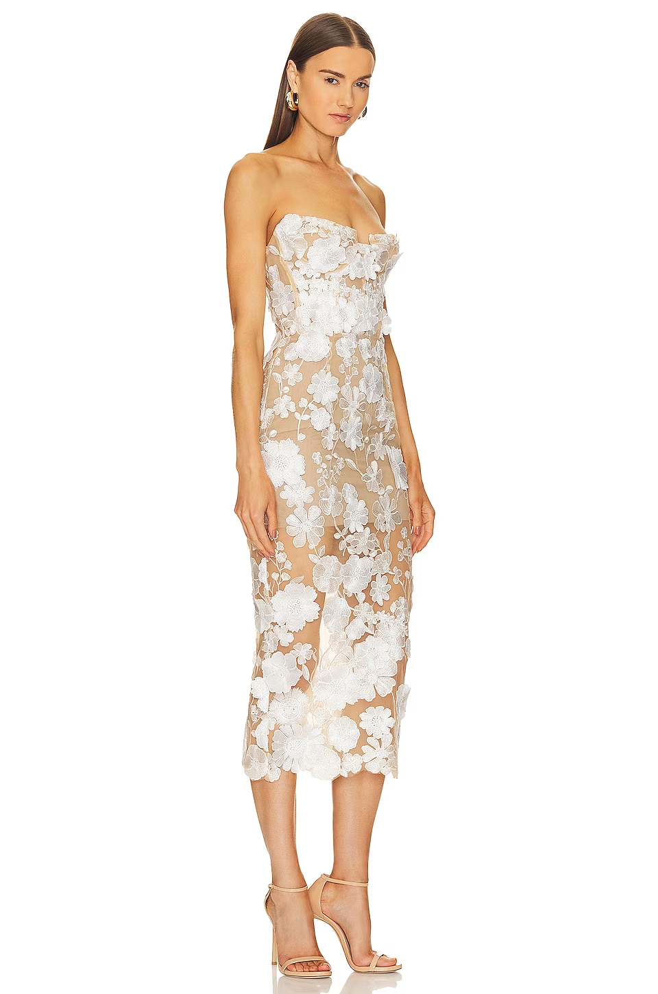 Strapless Bustier Floral Lace Midi Dress White HV1017