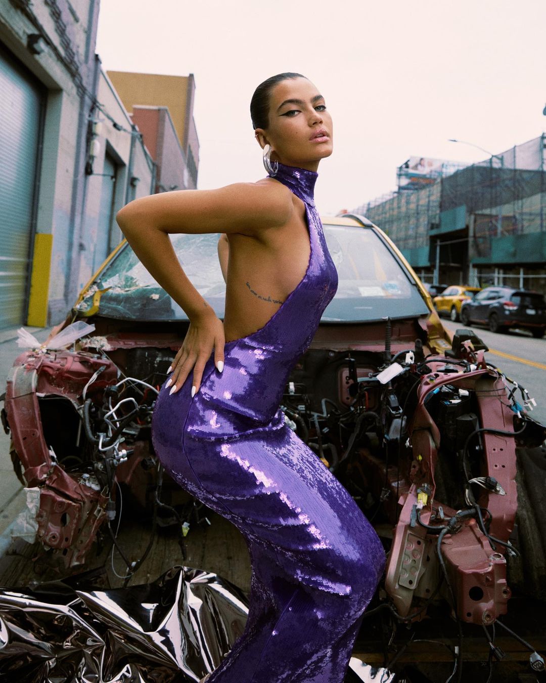 Halter Sequin Backless Maxi Dress Purple HV9572