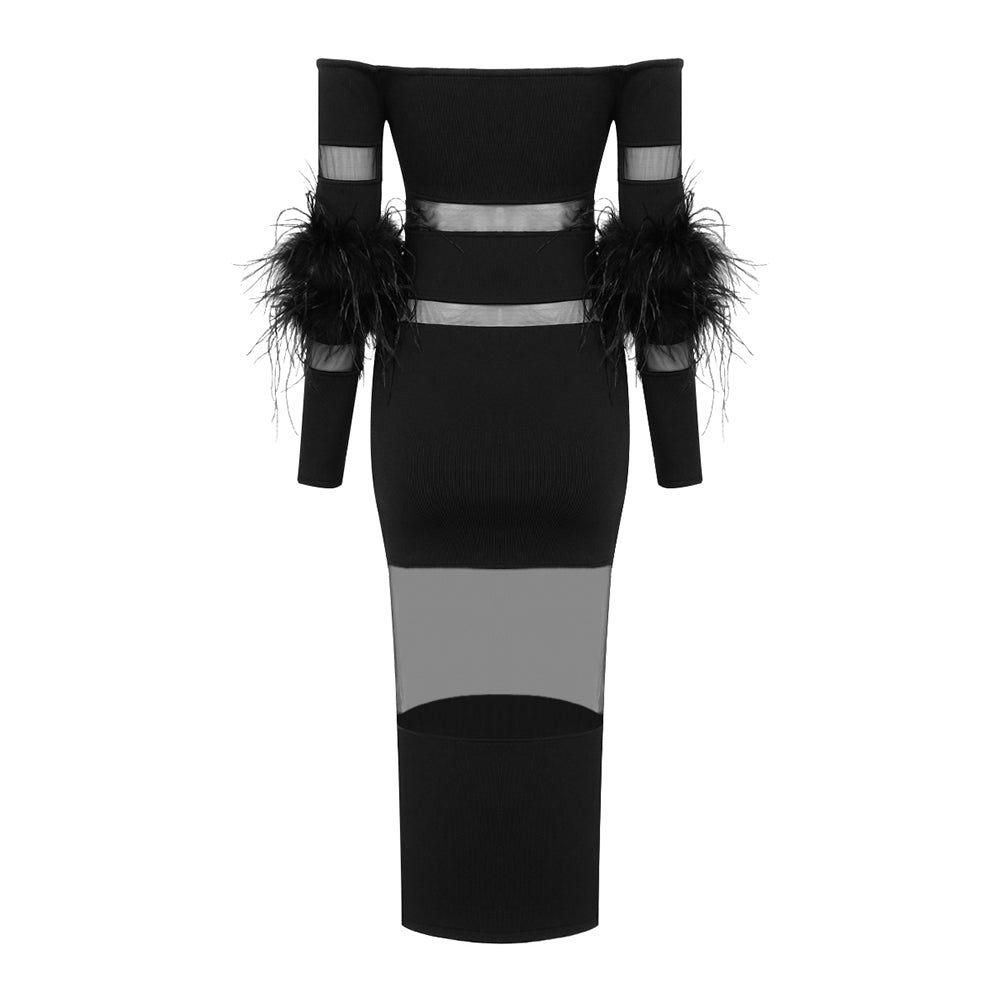 Feather Long Sleeve Off Shoulder Midi Dres HV9566