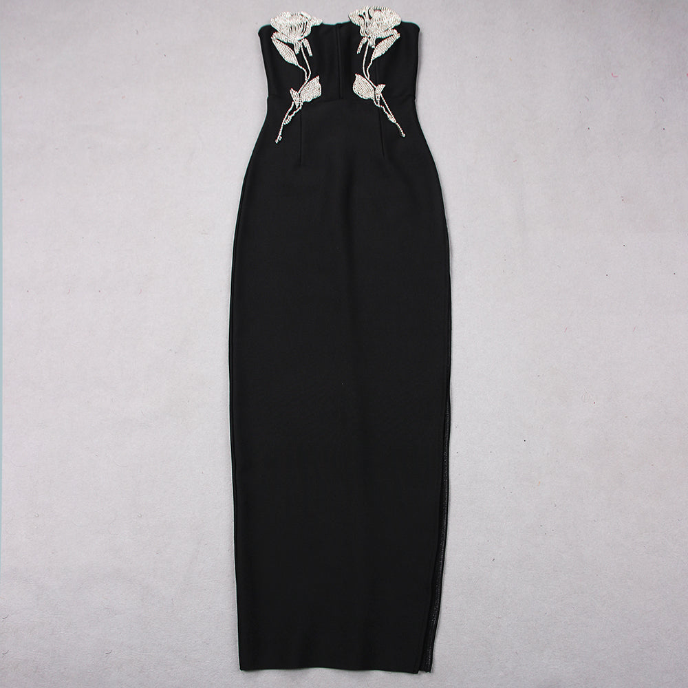 Rhinestone Flower Strapless Maxi Dress Black HV8792