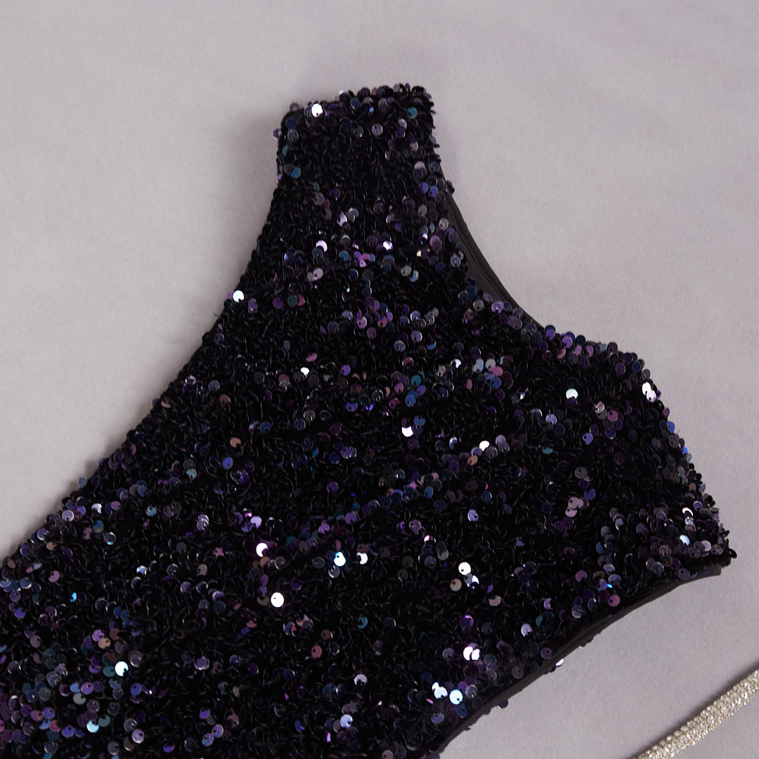 One Shoulder Sequin Crystal Dress Midnight Blue