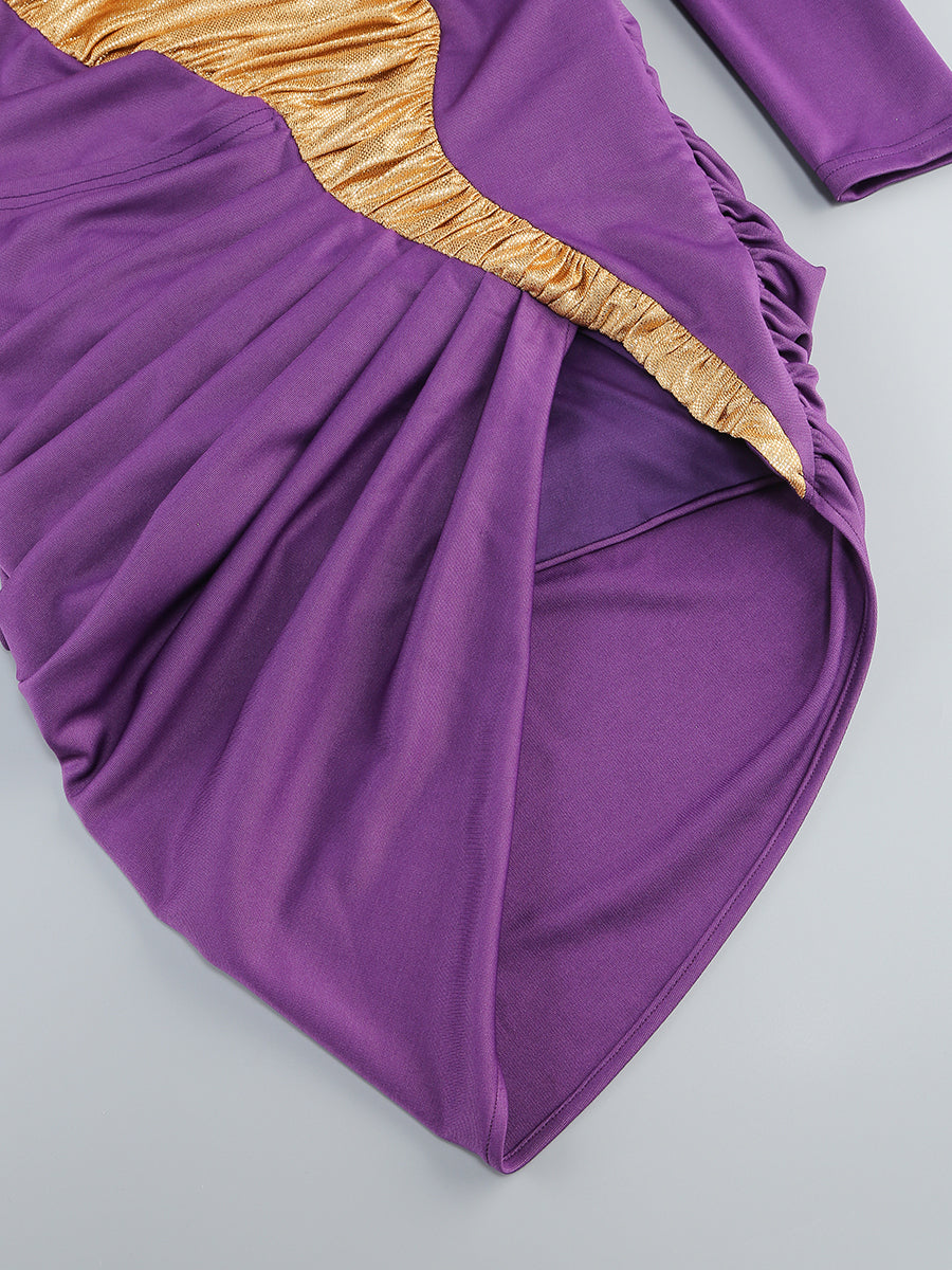 One Sleeve Ruched Dress Purple Gold