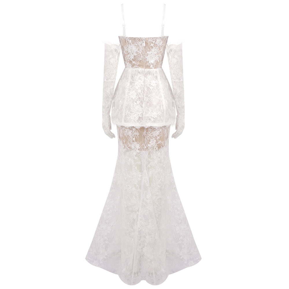 Strapless Lace Mermaid Maxi Dress White HV1318