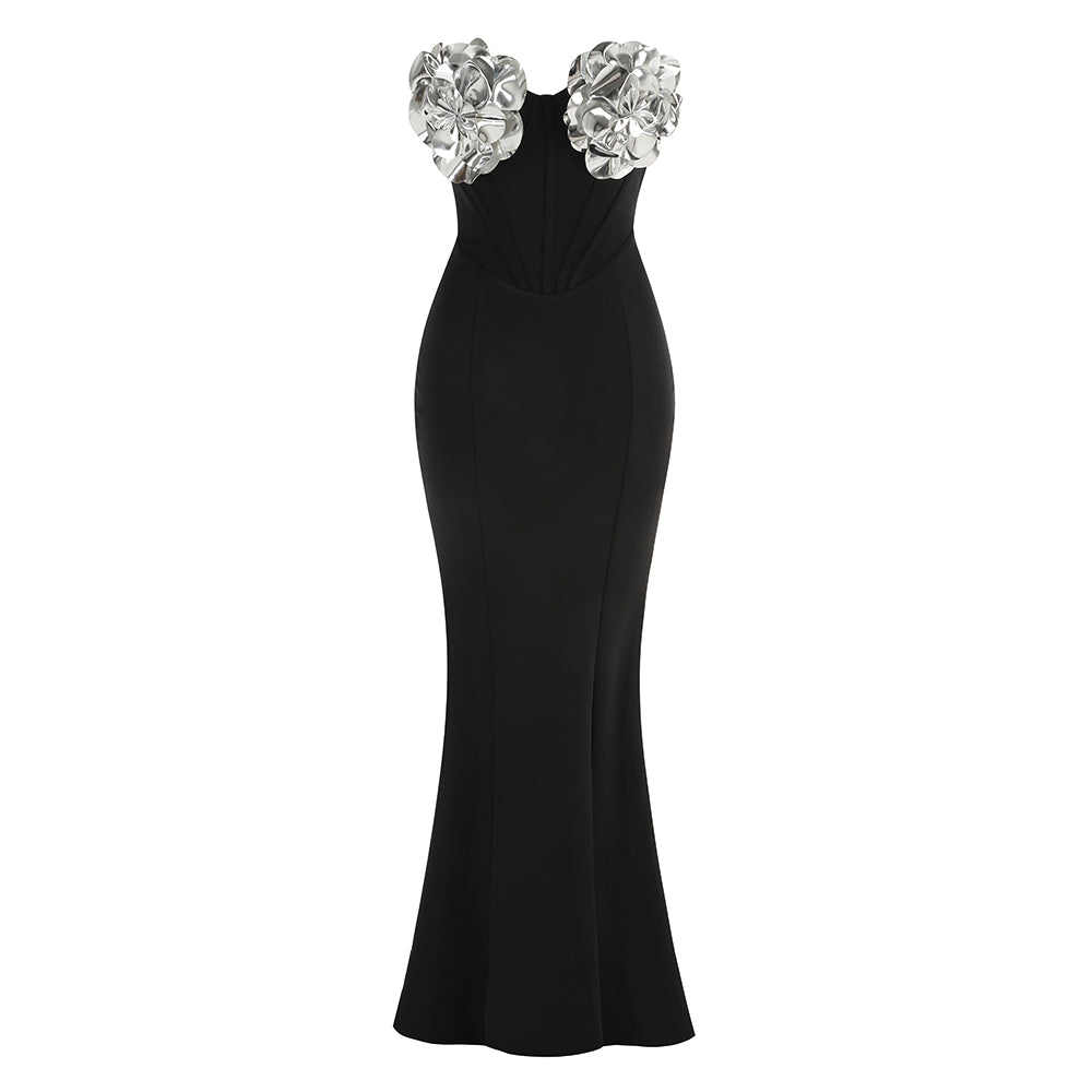 Strapless Floral Bustier Maxi Dress Black Silver HV2037