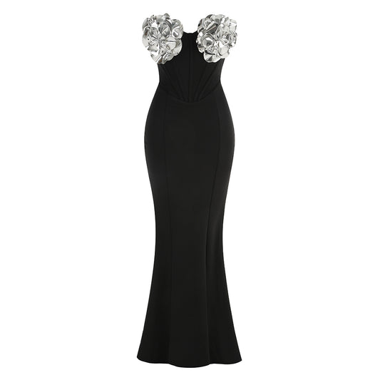 Strapless Floral Bustier Maxi Dress Black Silver HV2037
