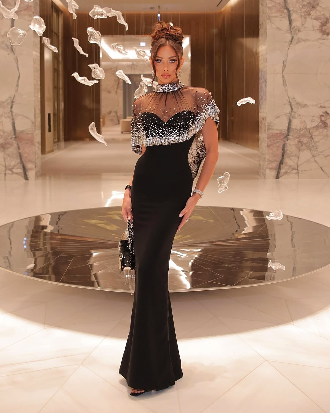 Crystal Overlay Maxi Dress Black