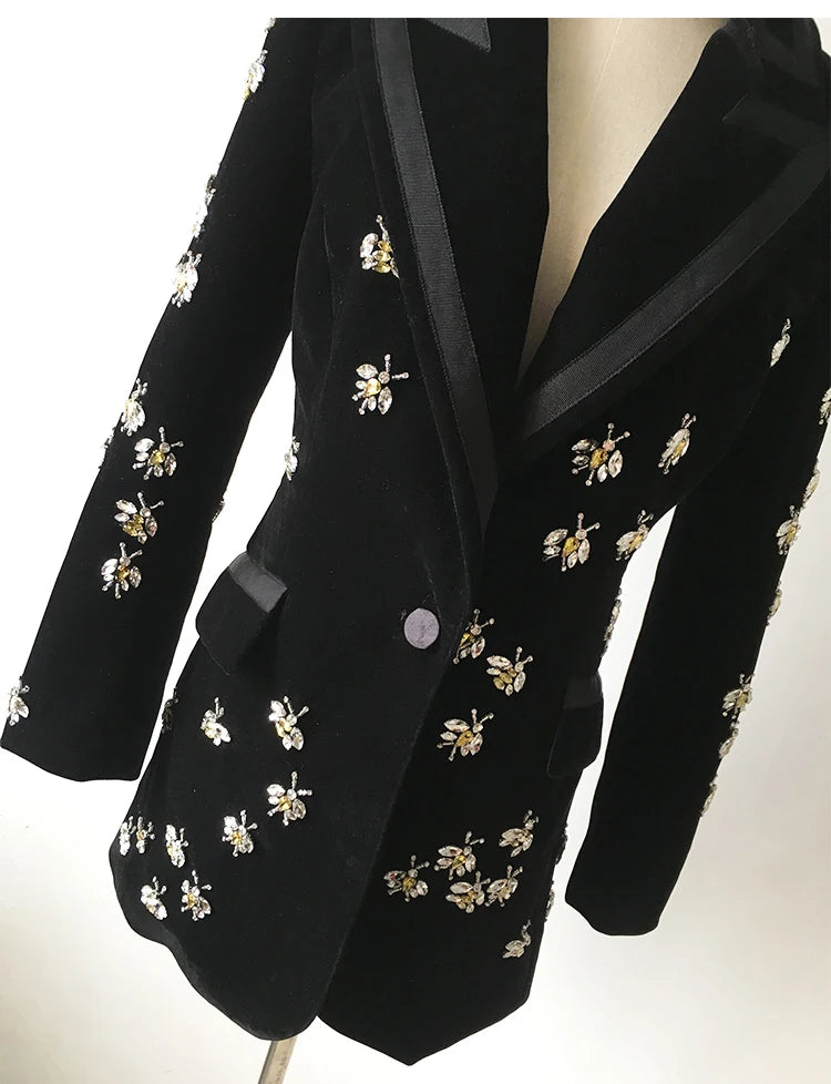 Long Sleeve Crystal Bee Velvet Blazer Black