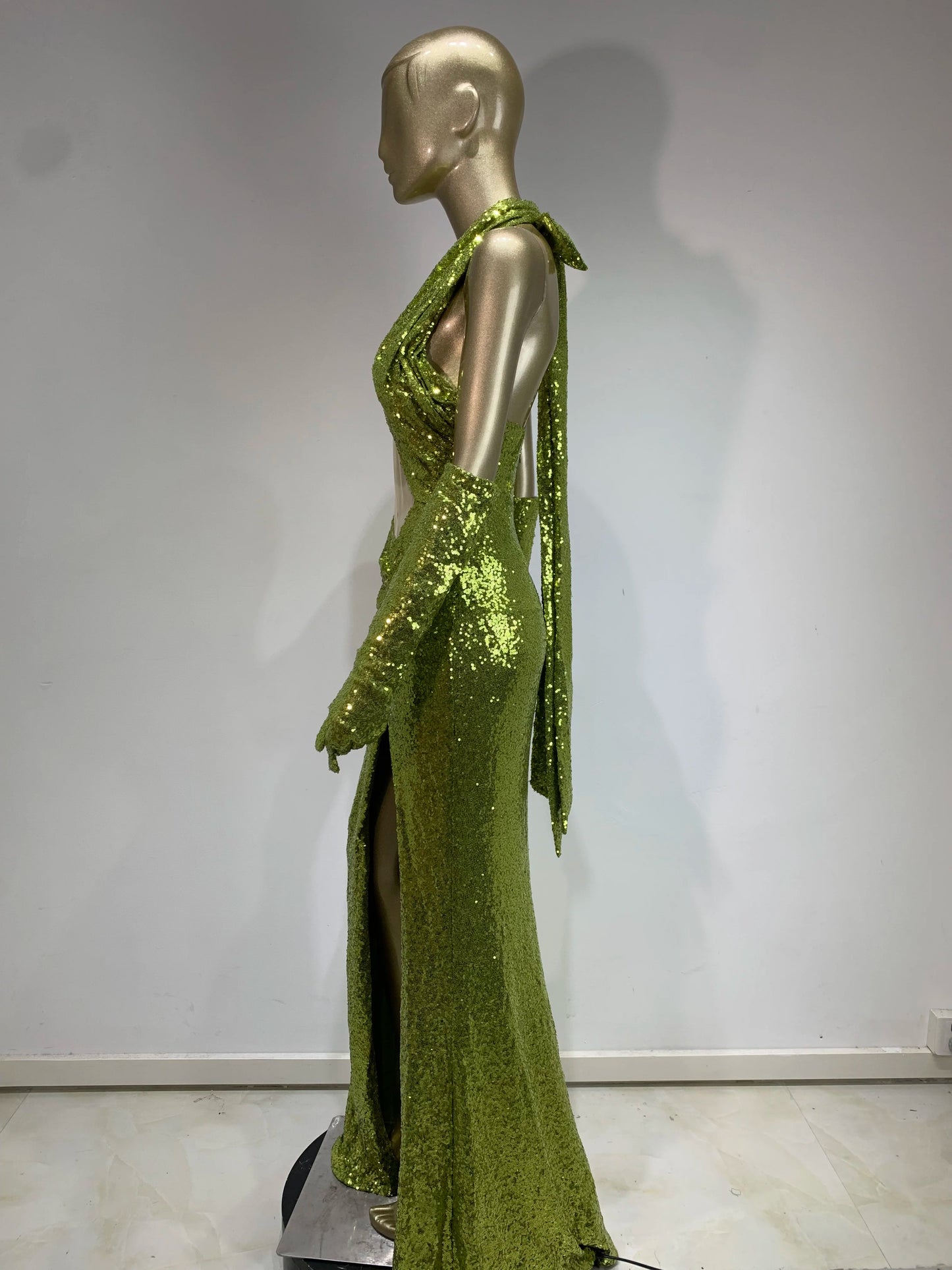 Halter Draped Sequin Maxi Dress Green HV1141