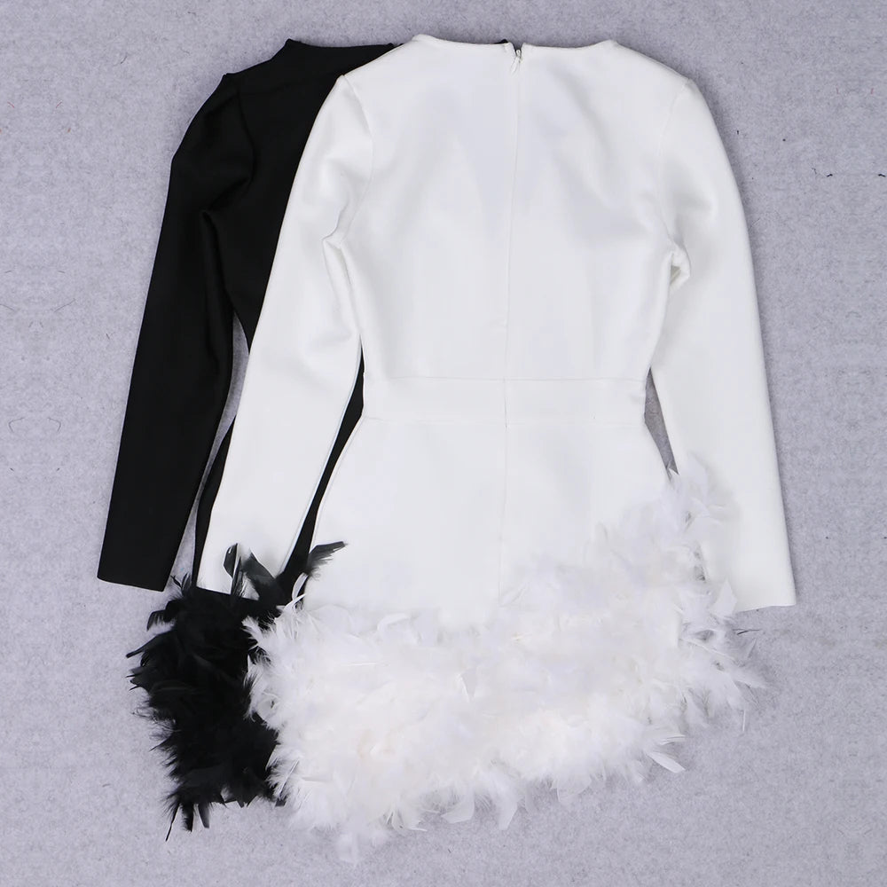 Long Sleeve Rhinestone Feather Dress HV9215