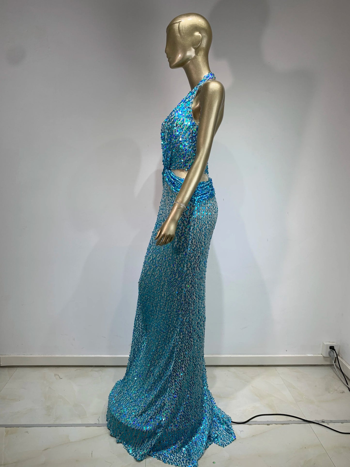Halter Sequin Maxi Dress Turquoise HV1539