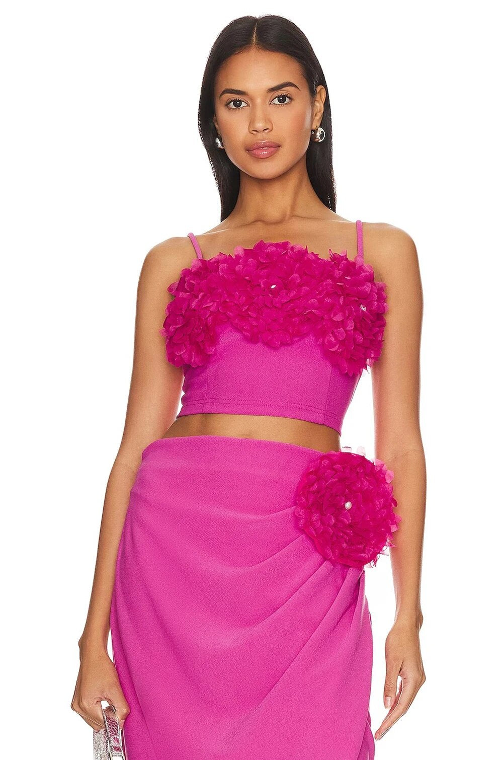 Flower Detail Two Piece Midi Dress Hot Pink