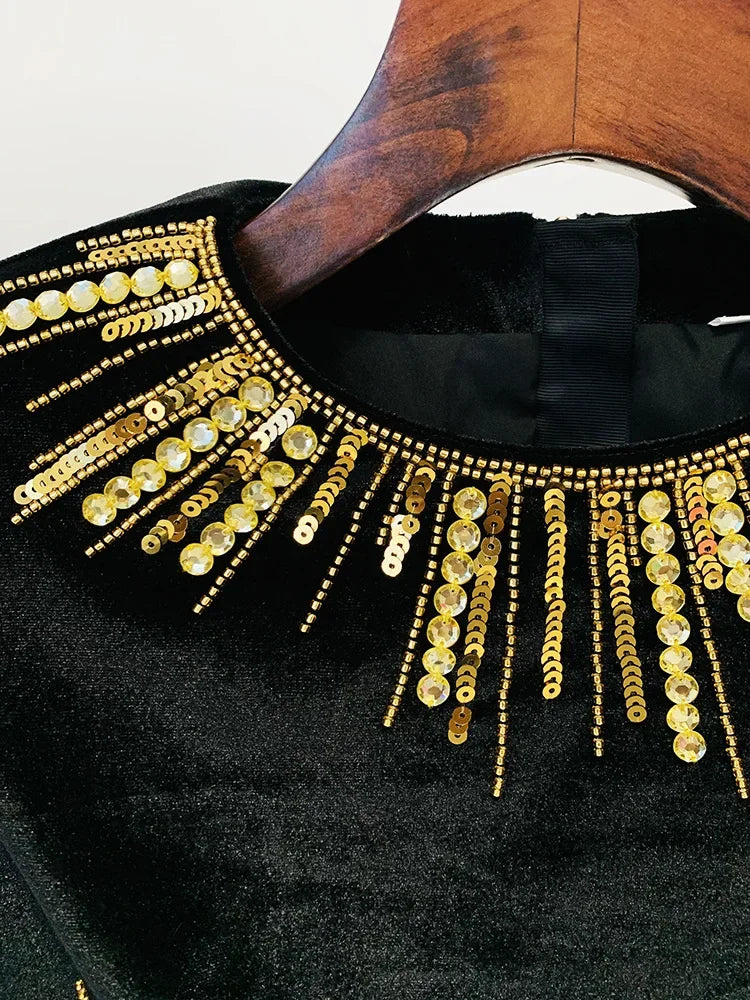 Long Sleeve Embellished Velvet Dress Black