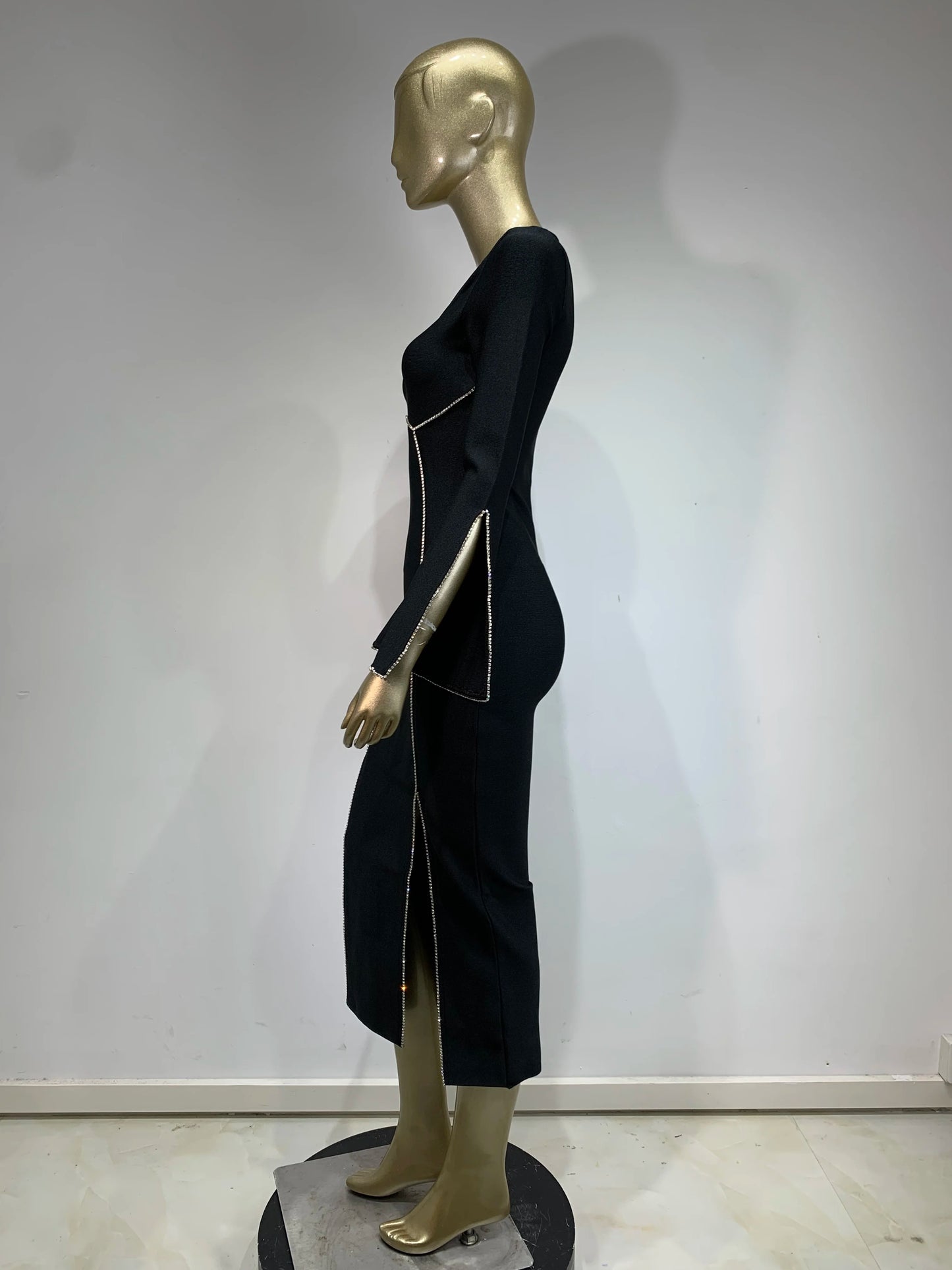 Long Sleeve Crystal Trim Midi Dress Black