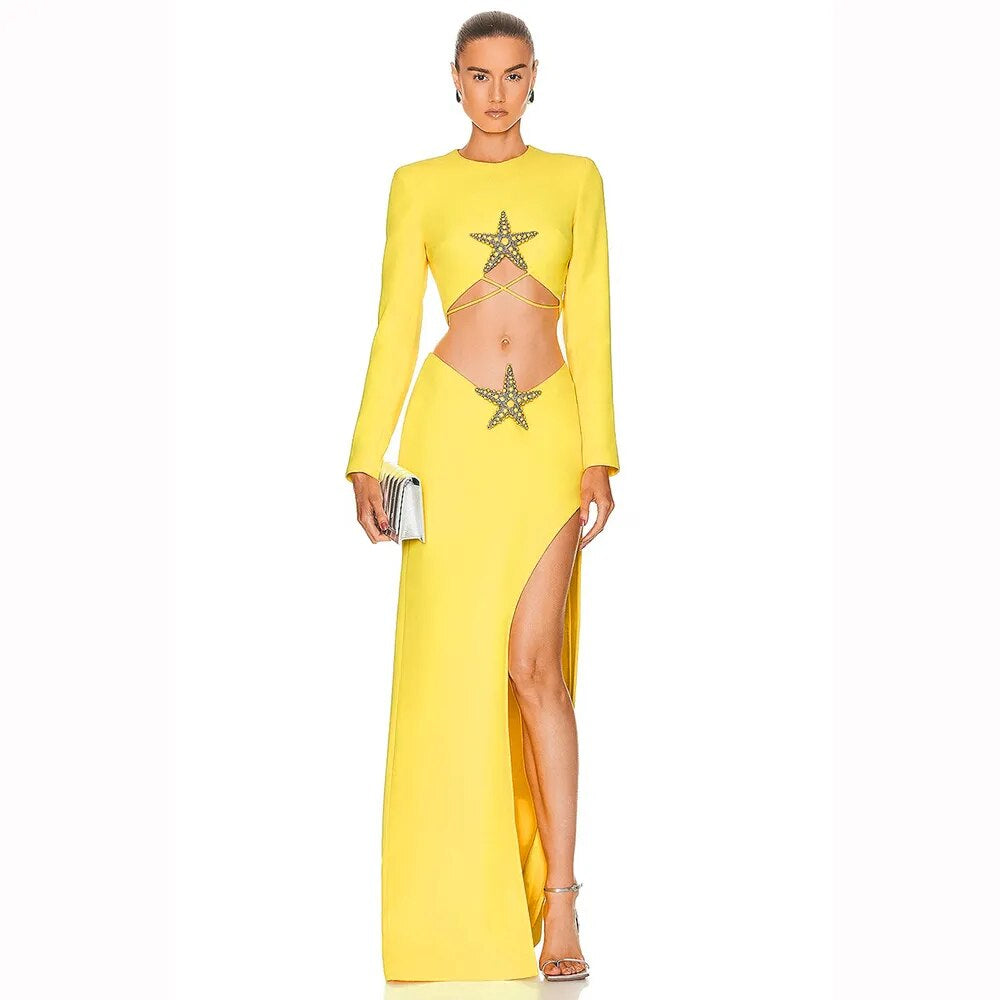 Long Sleeve Star Detail Two Piece Maxi Dress Yellow HV9902
