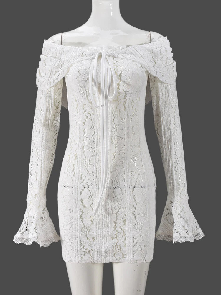 Long Sleeve Bardot Lace Insert Dress White