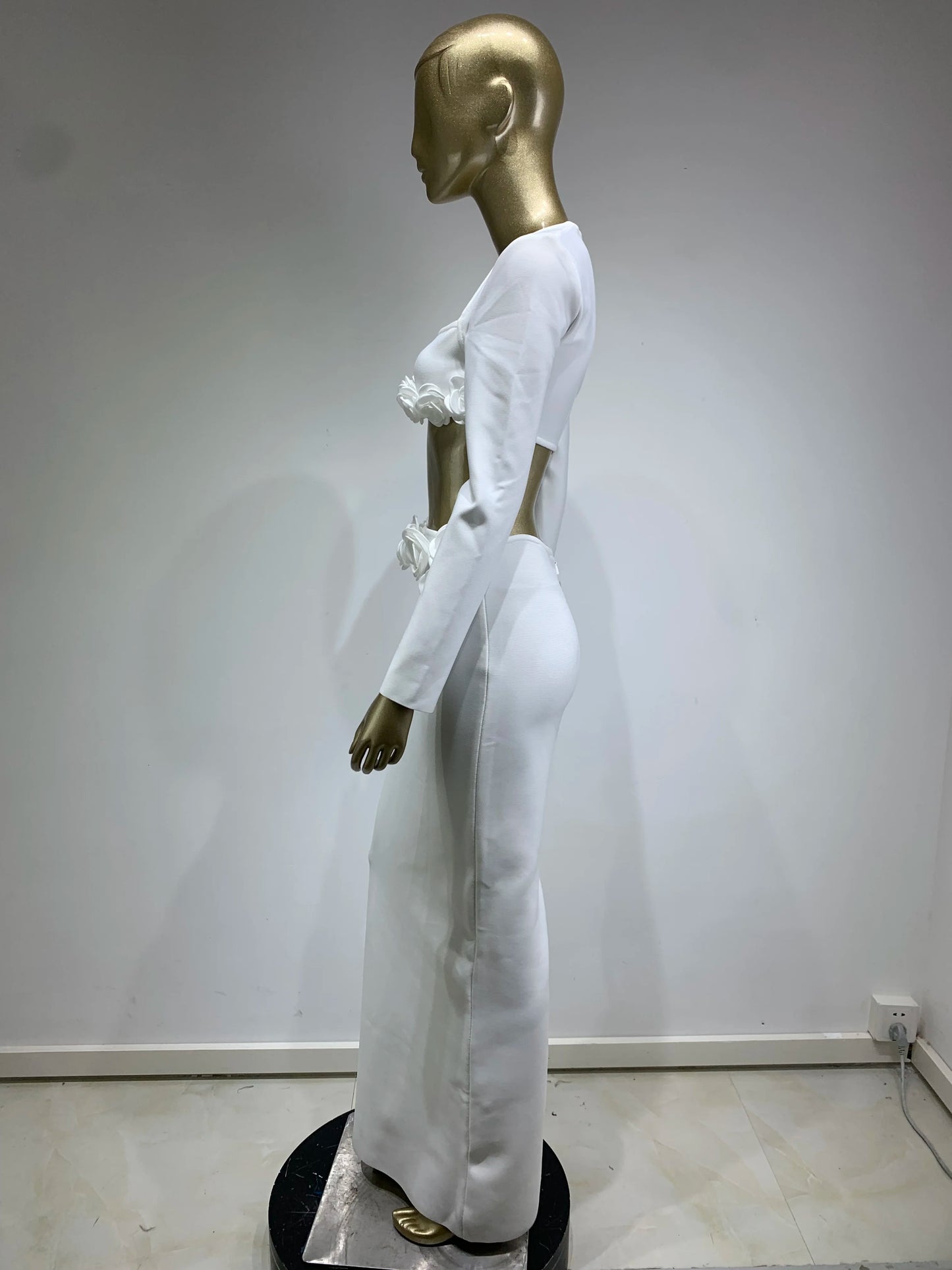 Long Sleeve Flower Detail Two Piece Maxi Dress White HV1155