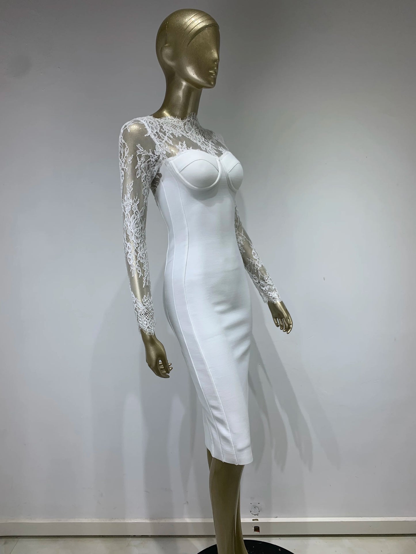 Lace Long Sleeve Bustier Midi Dress White HV9659