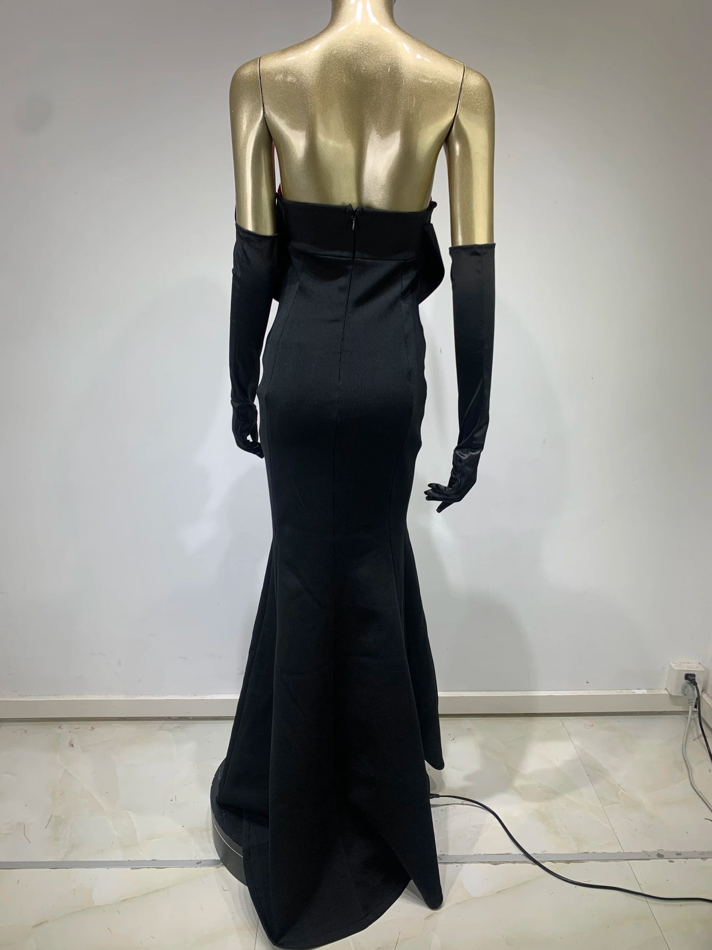 Rose Bustier Mermaid Maxi Dress Black Red HV9744