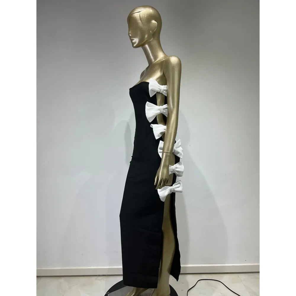 Strapless Bow Detail Maxi Velvet Dress Black White HV1944