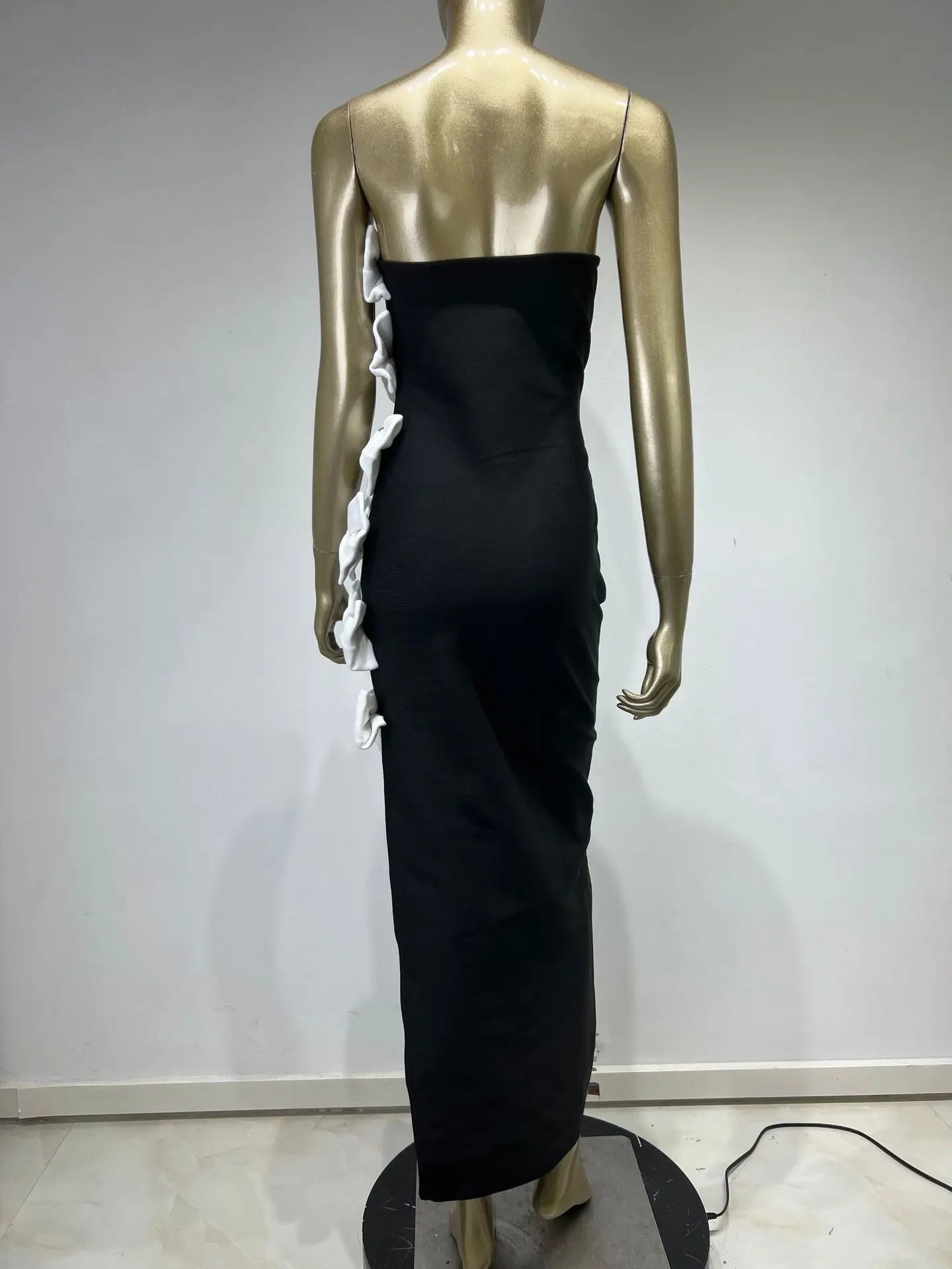Strapless Bow Detail Maxi Velvet Dress Black White HV1944