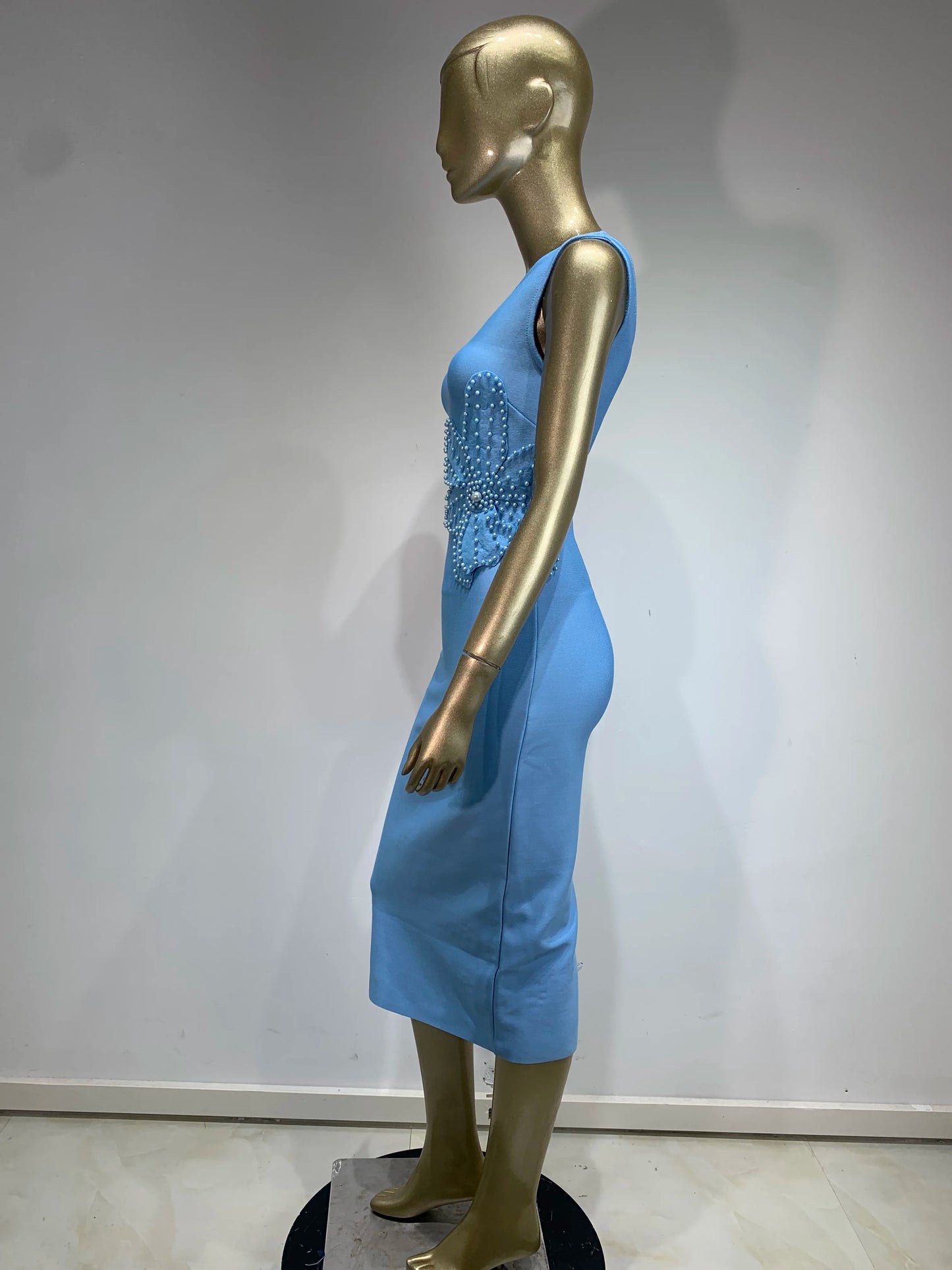 One Shoulder Pearl Flower Midi Dress Blue HV1188
