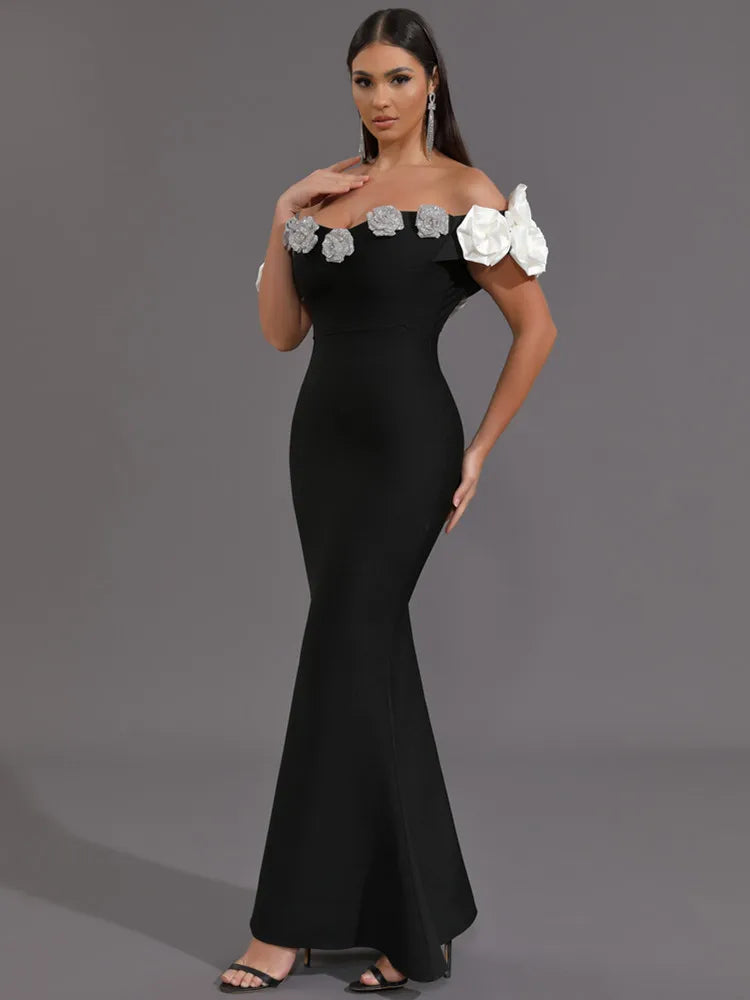 Floral Bardot Maxi Dress Black White HV1469