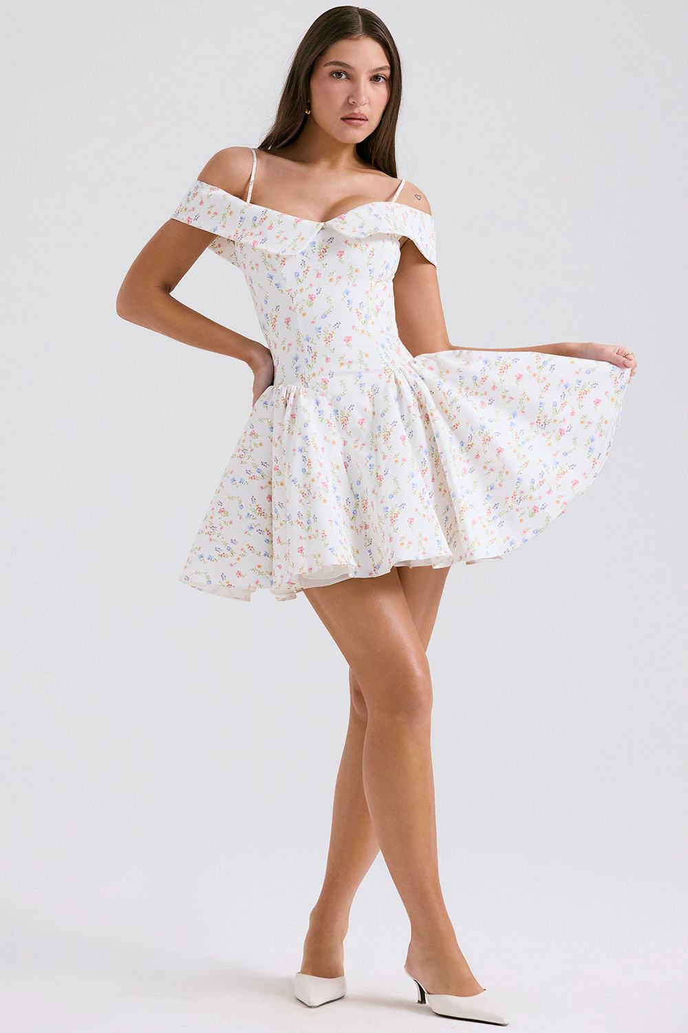 Floral Bardot A Line Dress White HV1257