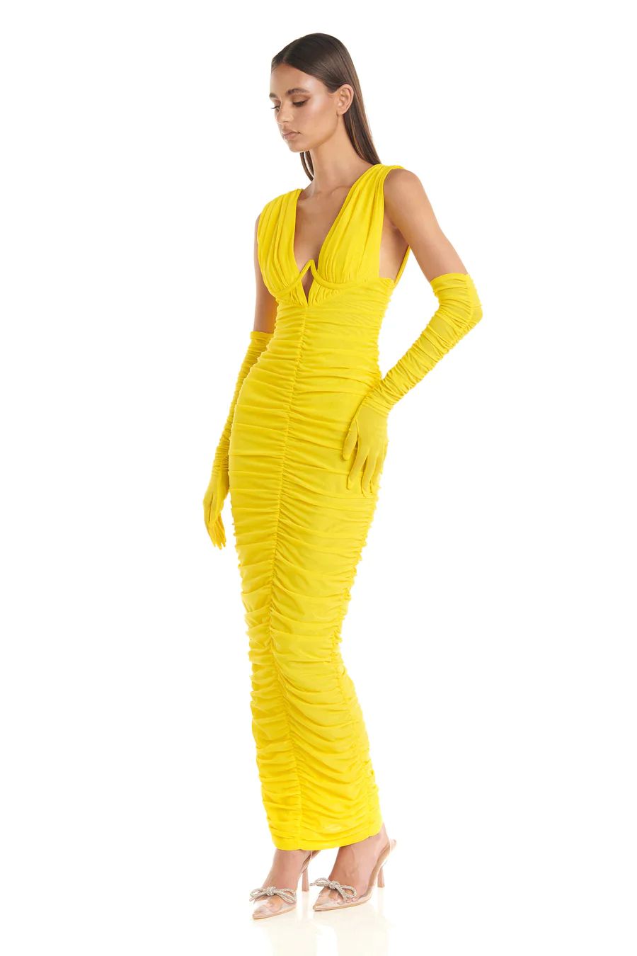 Plunge V Neck Ruched Maxi Dress Yellow HV9828