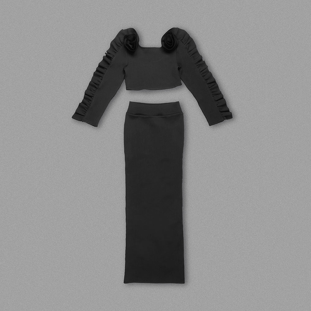 Ruffle Long Sleeve Two Piece Maxi Dress Black HV1030