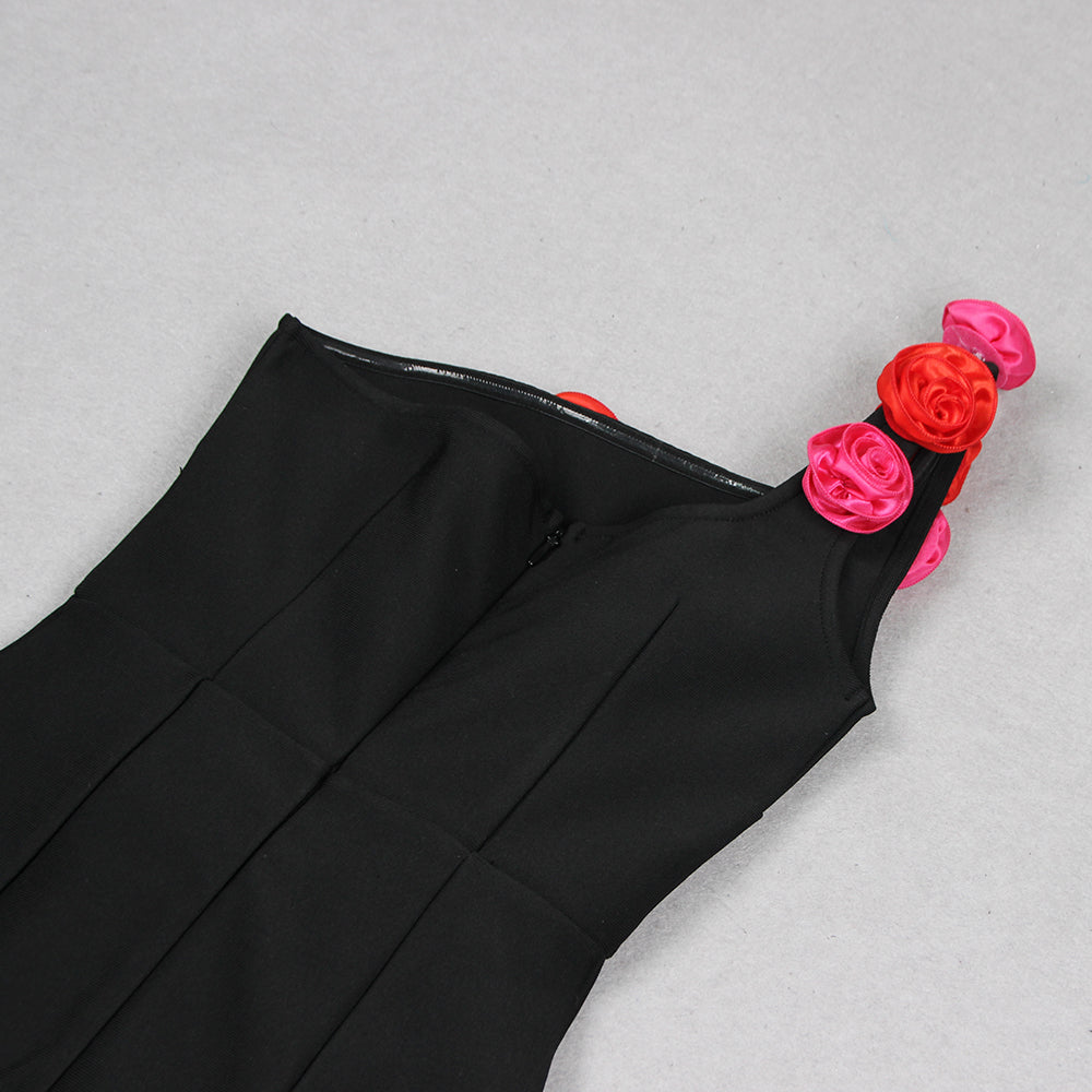 One Shoulder Rose Detail Midi Dress Black HV1094