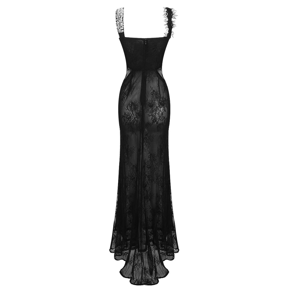 Halter Crystal Lace Maxi Dress Black HV1727