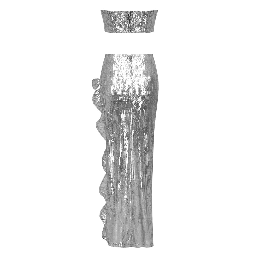 Sequin Draped Two Piece Maxi Dress Silver HV9476