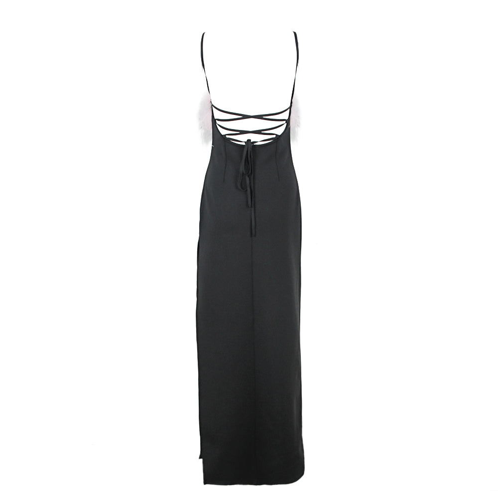 Feather Detail Strappy Back Maxi Dress Black HV1186