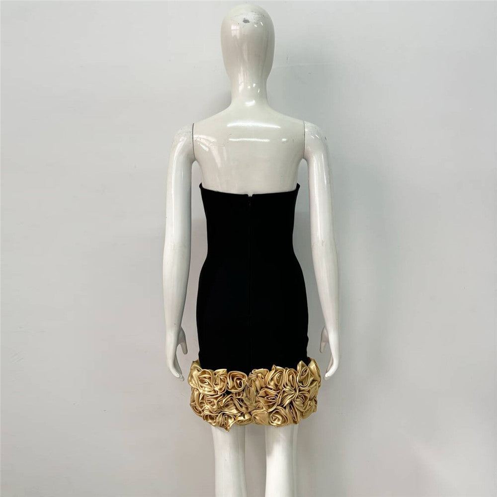 Strapless Floral Detail Dress Black Gold HV1824
