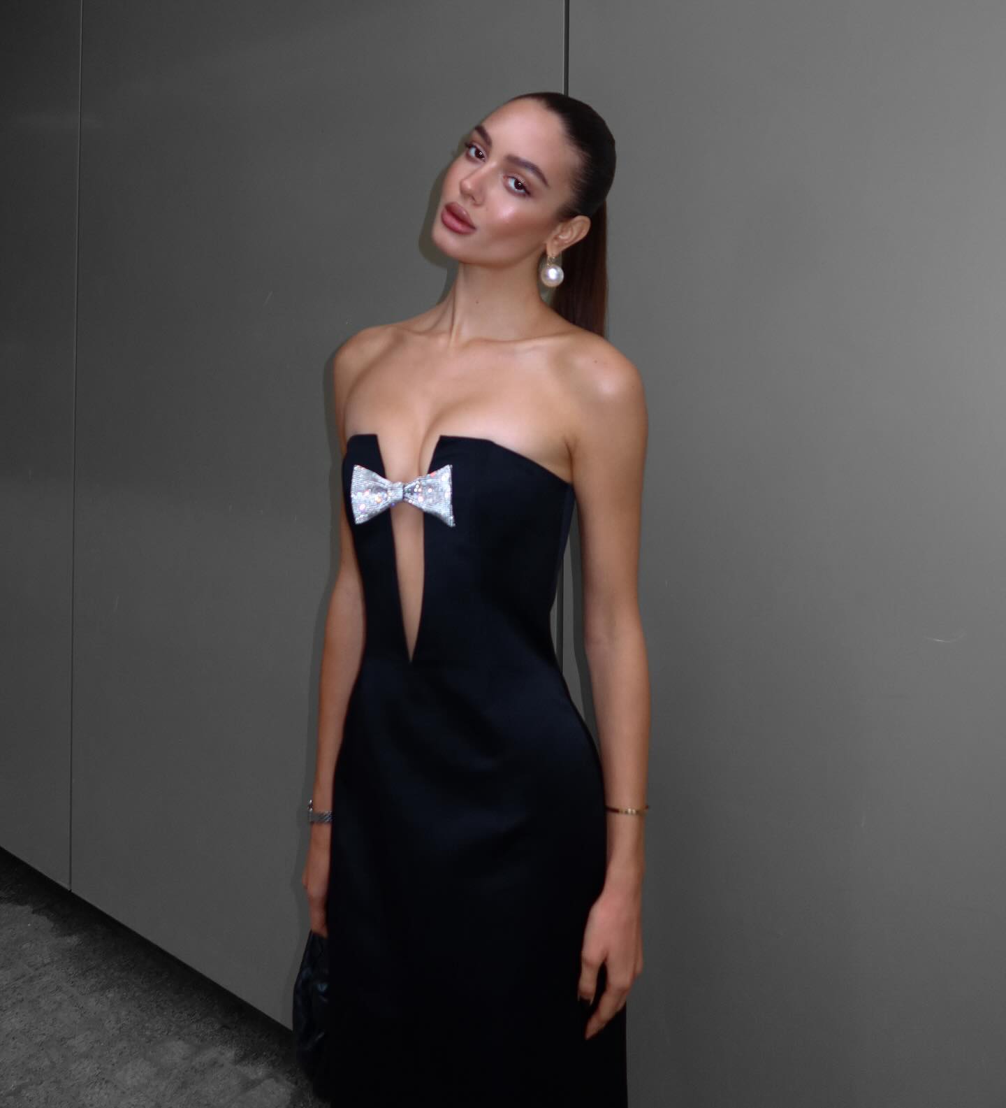 Strapless Crystal Bow Maxi Dress Black HV1775