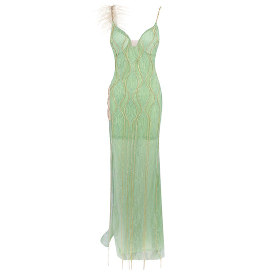 Feather Detail Maxi Dress Green Gold HV2228
