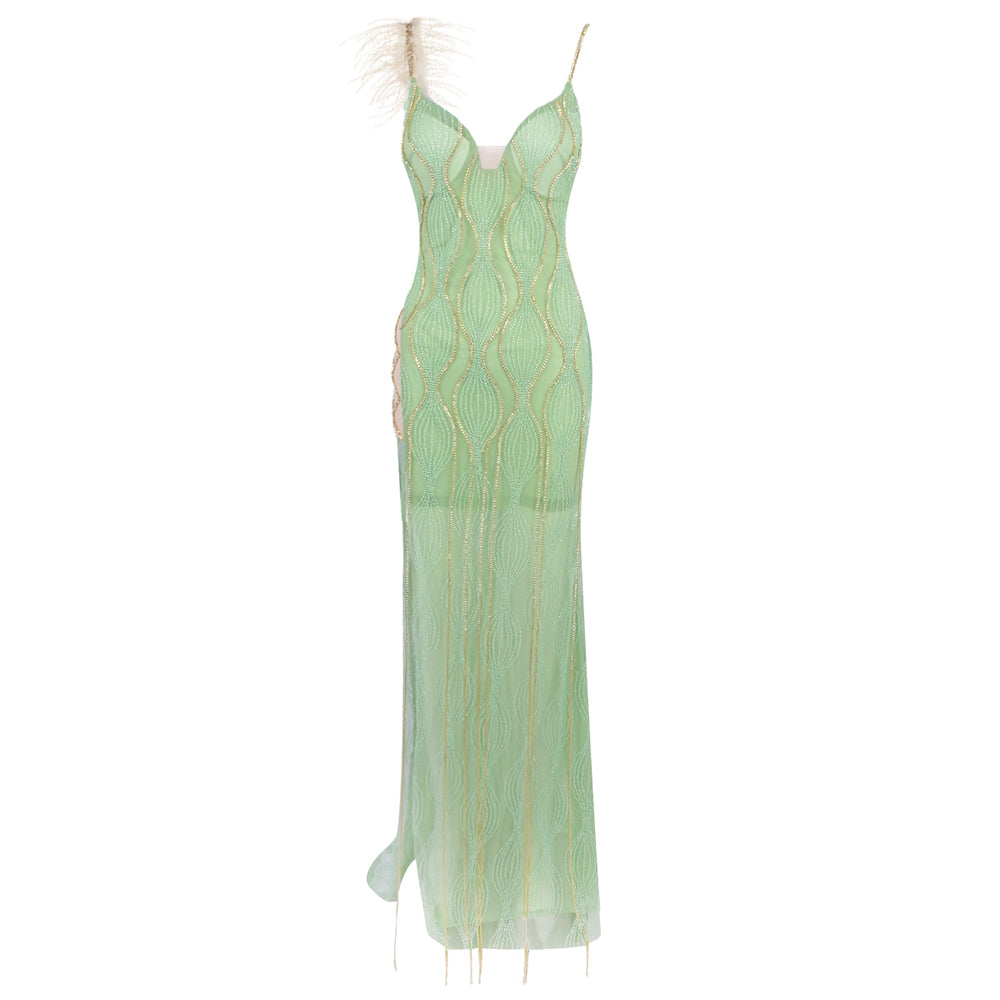 Feather Detail Maxi Dress Green Gold HV2228