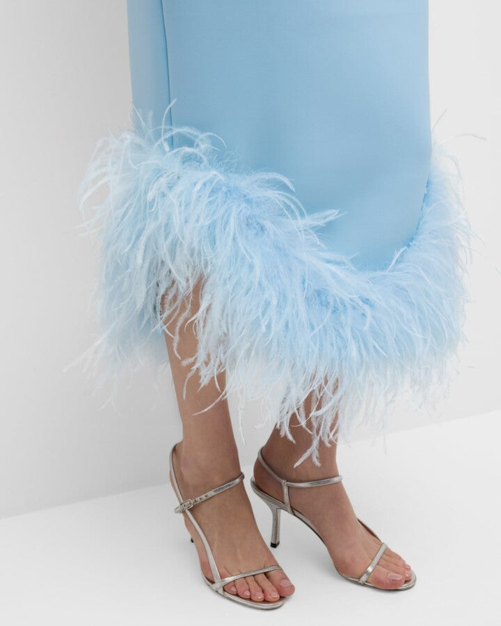 One Shoulder Feather Detail Midi Dress Blue