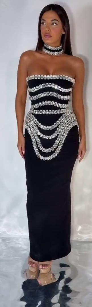 Strapless Crystal Trims Maxi Dress Black HV2003