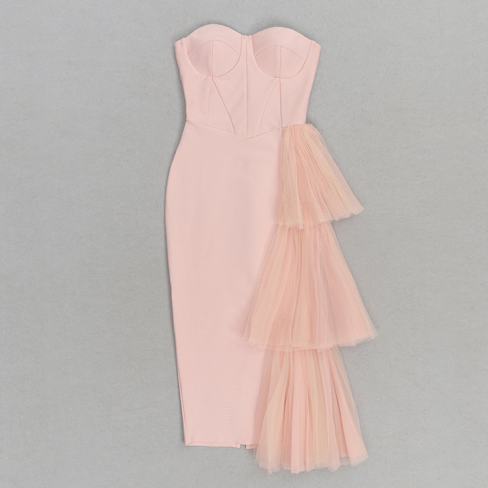 Strapless Bustier Mesh Detail Midi Dress Pink HV9531