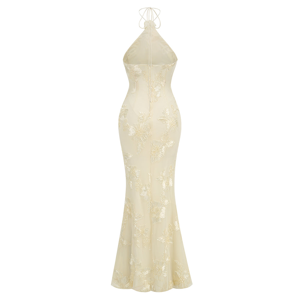 Halter Floral Maxi Dress Ivory HV1527