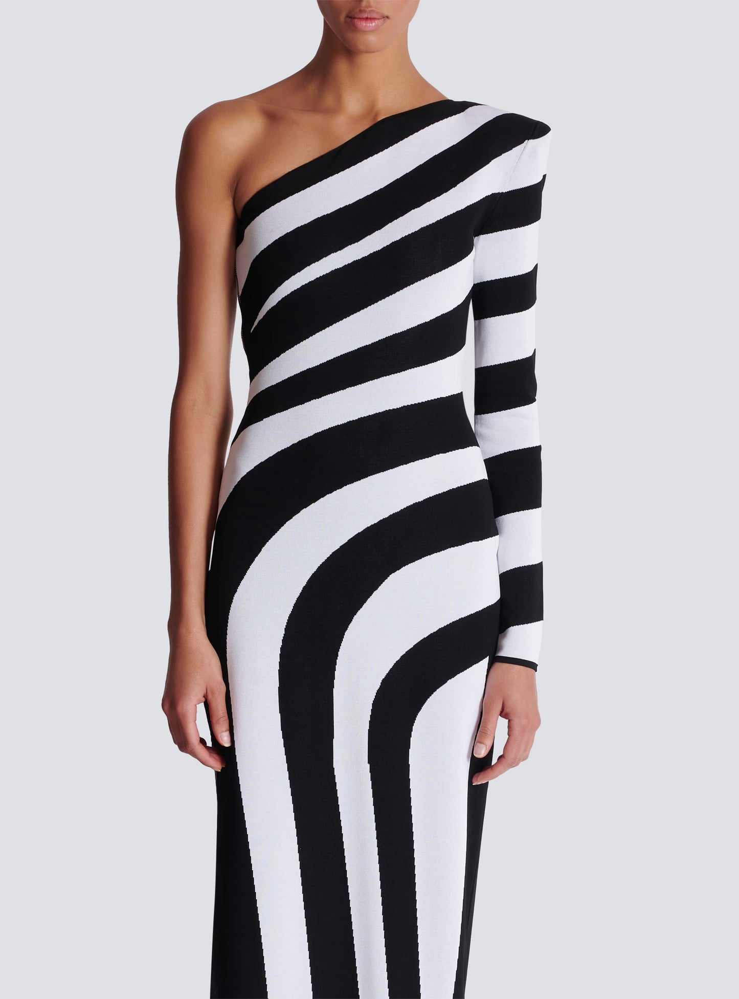 One Sleeve Striped Maxi Dress Black White HV1823