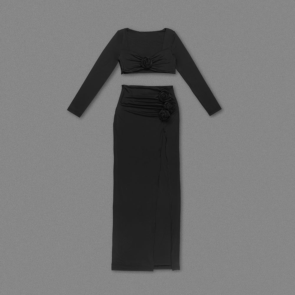 Long Sleeve Flower Detail Two Piece Maxi Dress HV1184