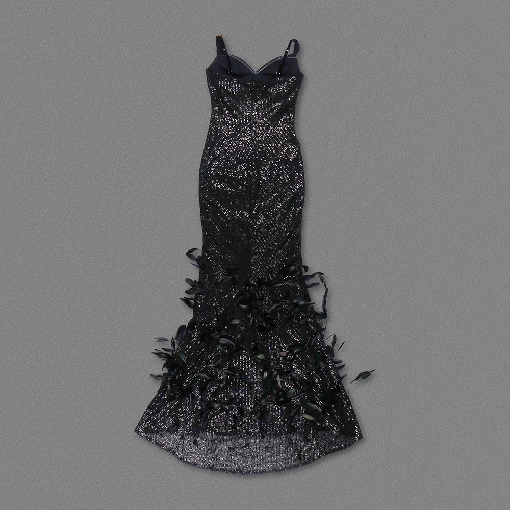 Crystal Feather Sequin Maxi Dress Black Gold HV1234