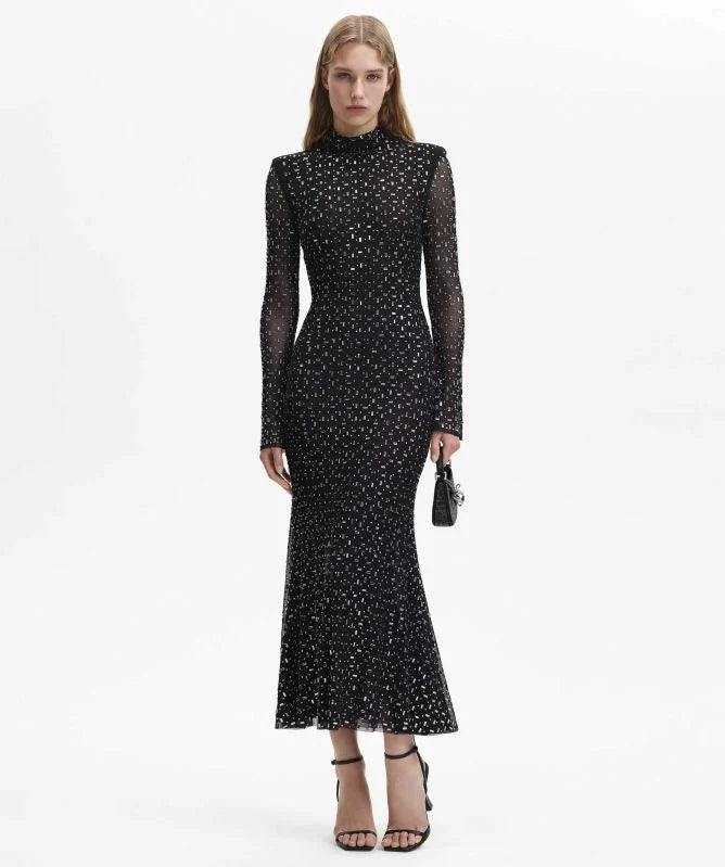 Long Sleeve Embellished Mermaid Dress Black HV1750