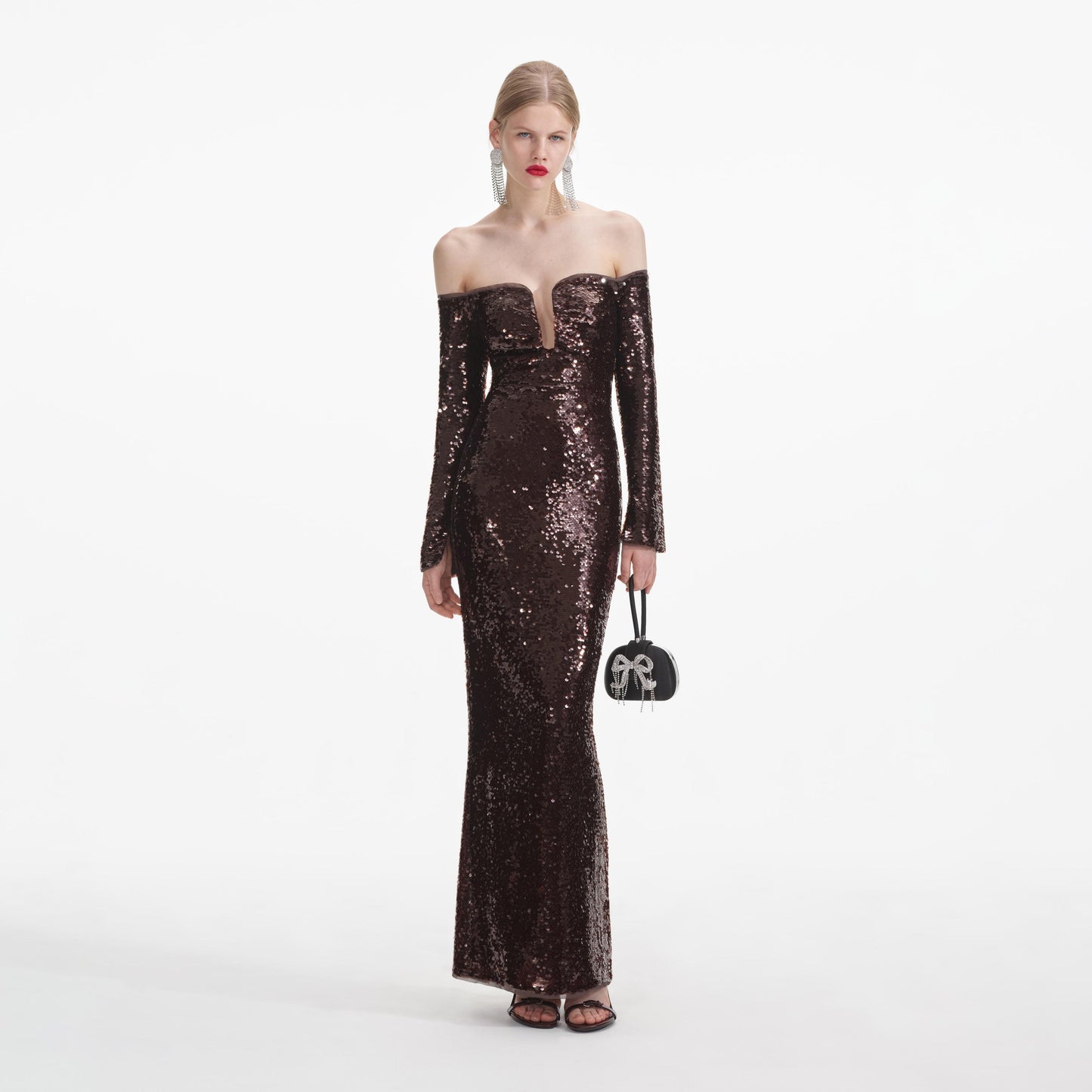 Long Sleeve Bardot Sequin Maxi Dress Brown HV1929