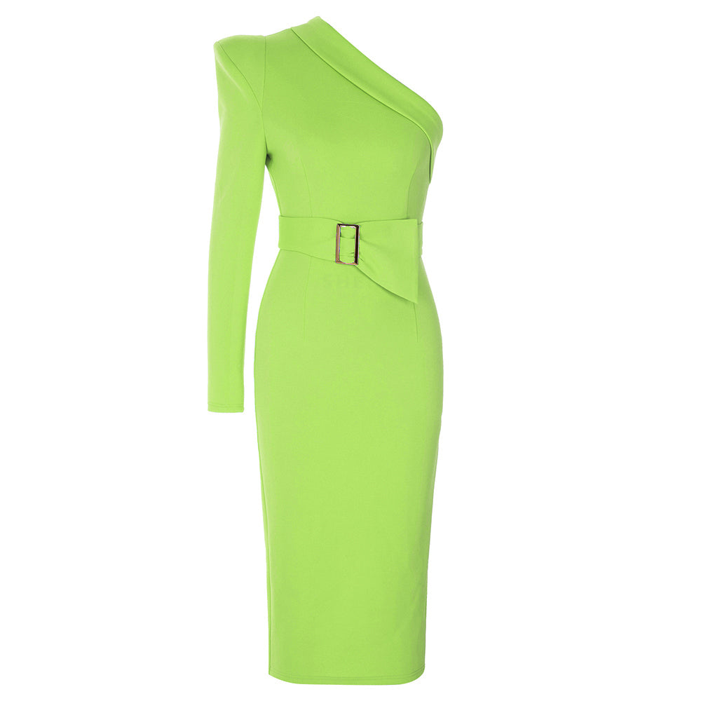 One Sleeve Belt Detail Midi Dress HV9113